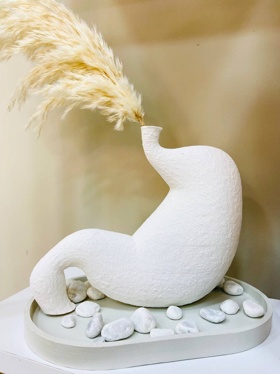 Estomac en vase blanc avec plateau